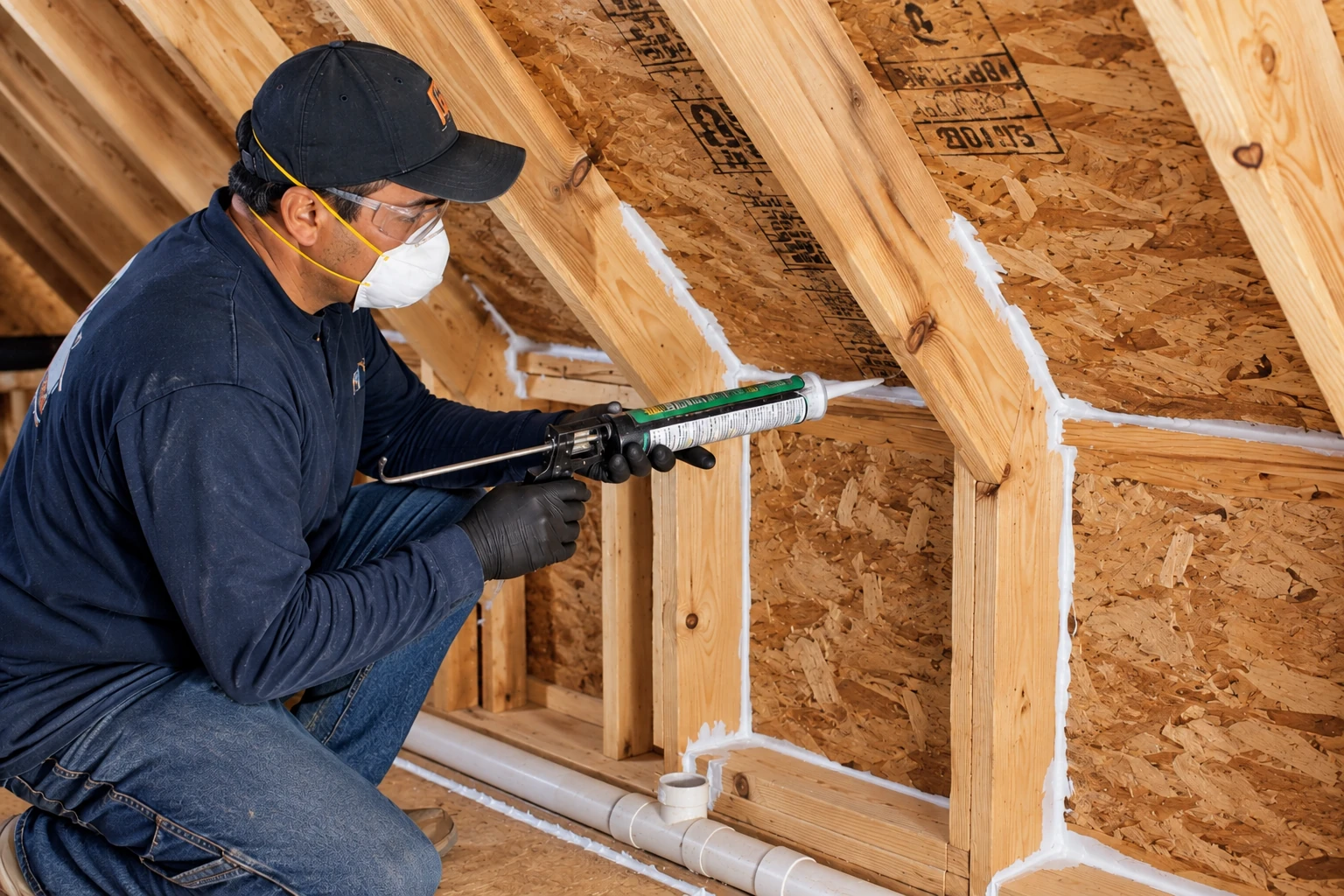 A worker applies sealant with a caulking gun along the joints of exposed attic framing.