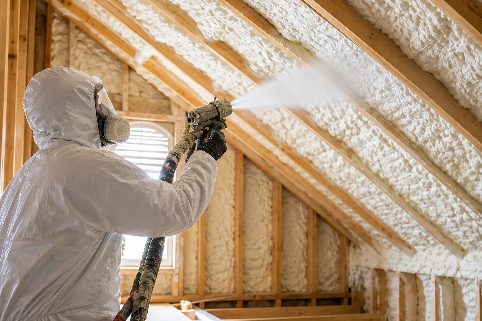 Worker in protective gear sprays foam insulation between exposed attic rafters.