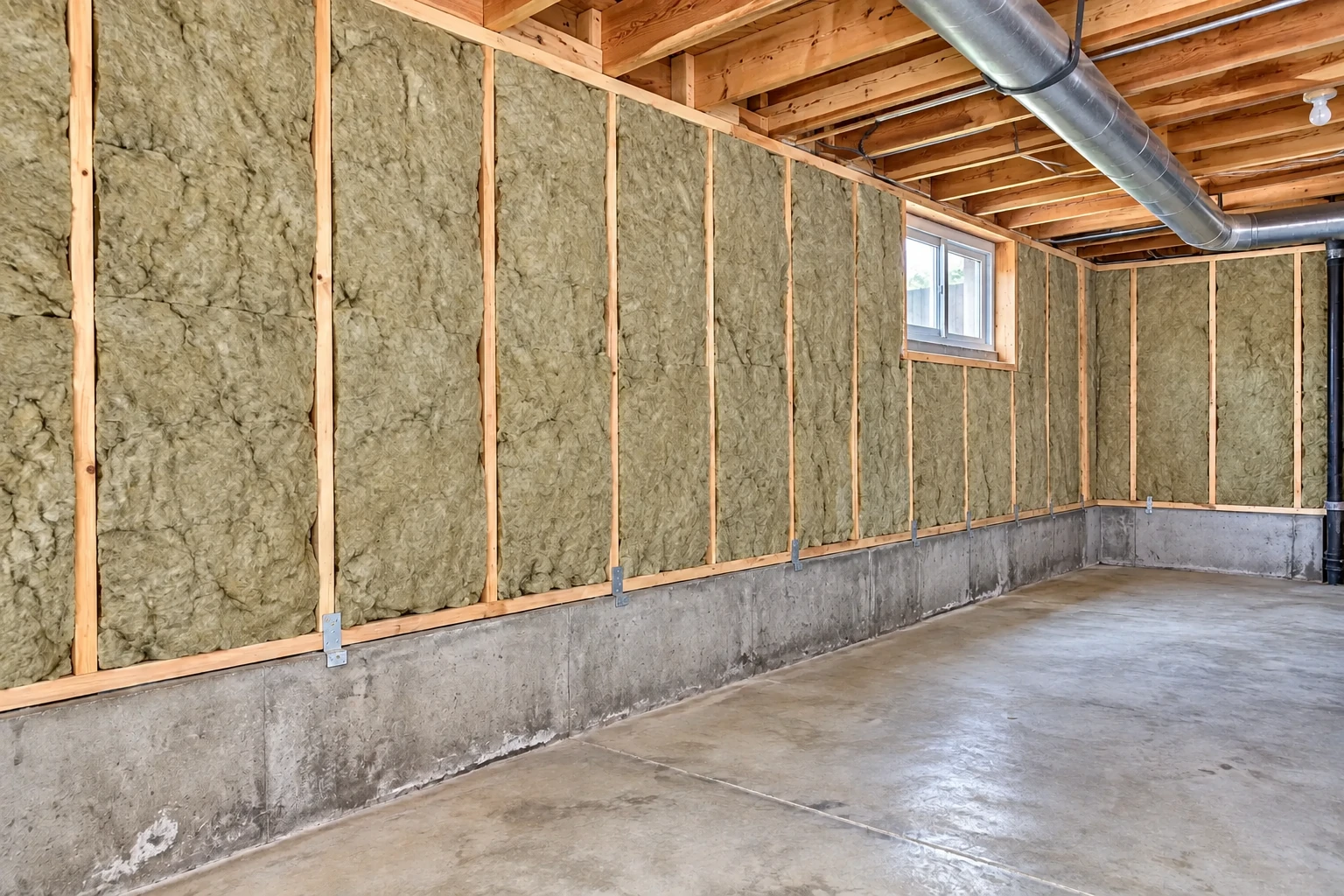 Basement with gray-green insulation fitted between wall studs above a concrete foundation.