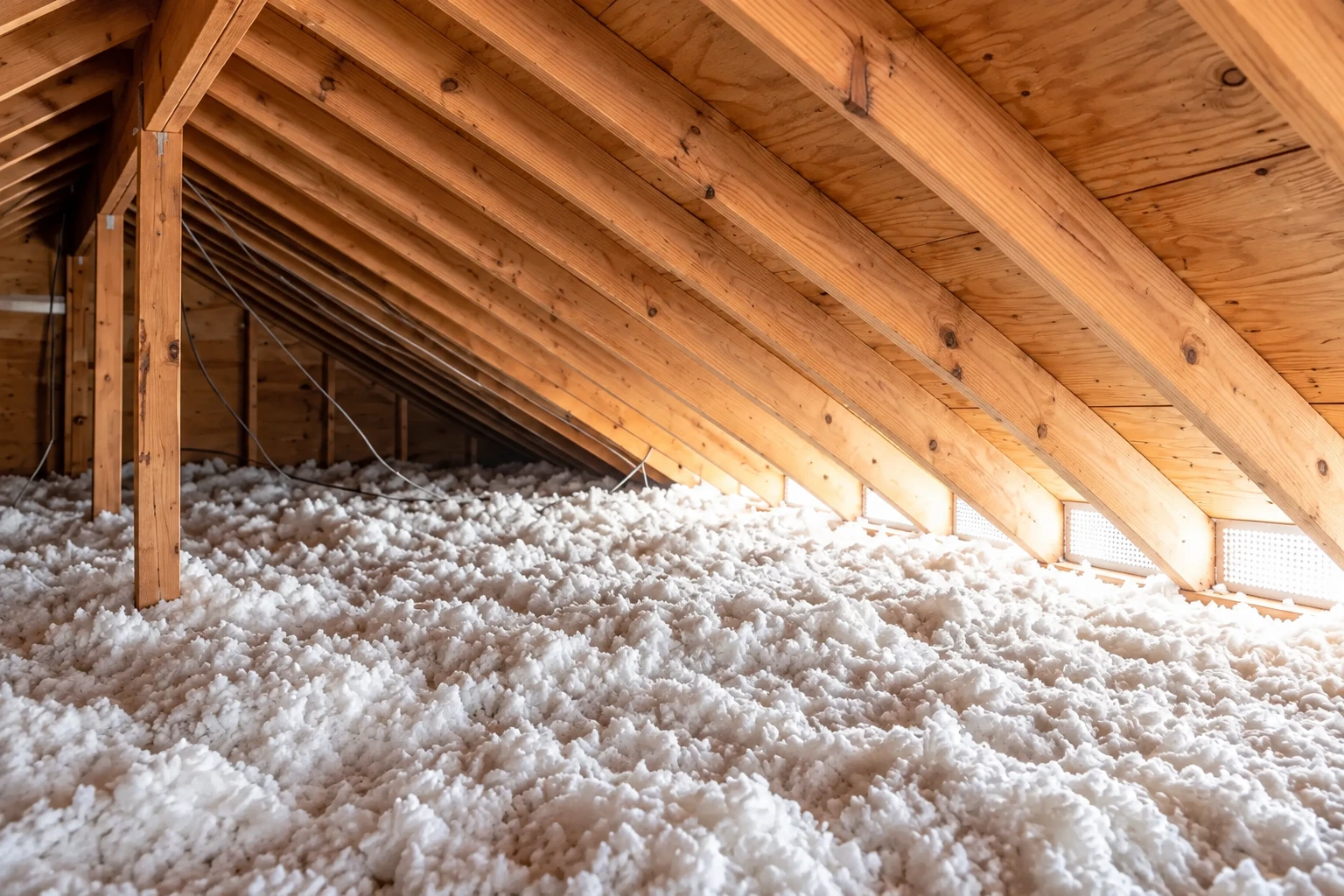 Loose-fill insulation covers the floor beneath exposed wooden rafters in an attic.