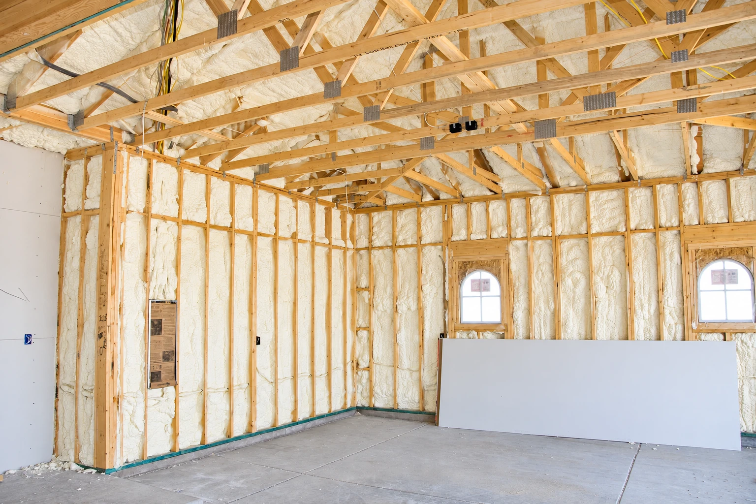 Unfinished room with white closed-cell spray foam insulation filling wall and roof framing.