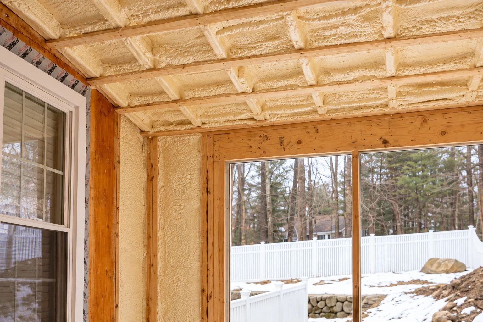 Closed-cell foam insulation covers the ceiling and wall framing of a sunroom beside large windows.