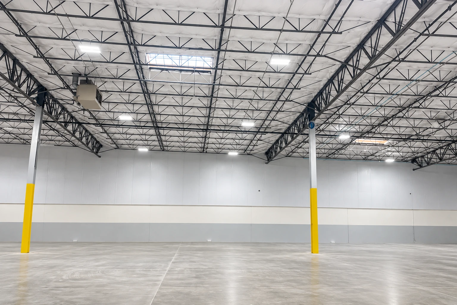 Commercial insulation lines the roof of a large warehouse, with white material between exposed steel trusses.