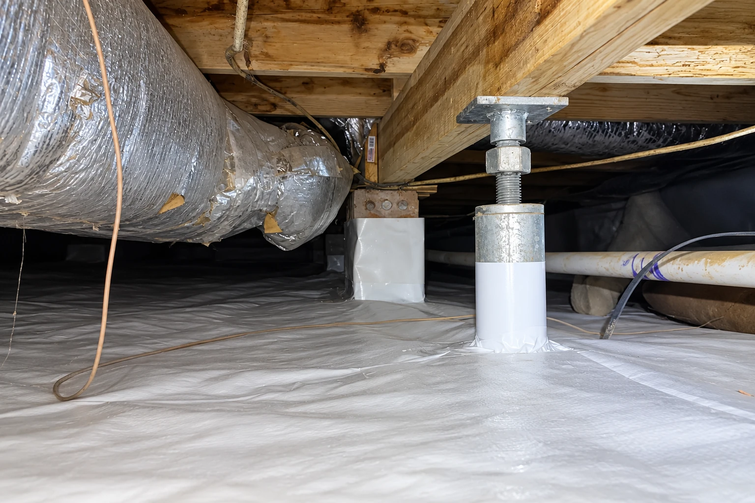 Crawl space with a plastic vapor barrier covering the floor, wrapped ducts, and metal supports beneath wooden joists.