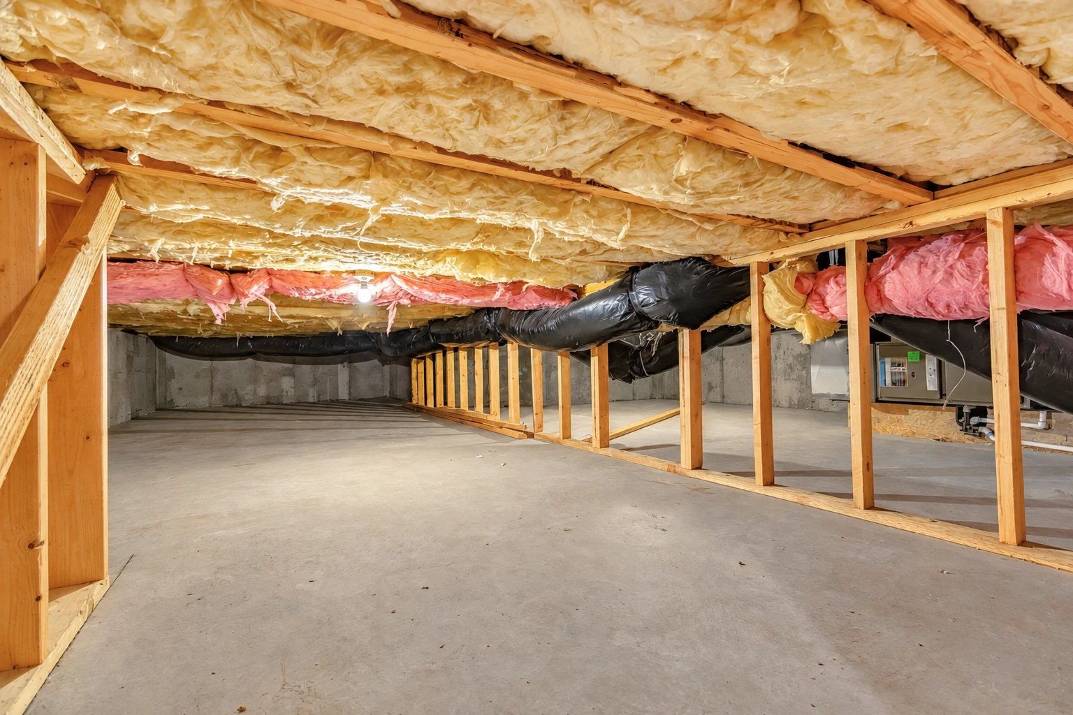Crawl space with fiberglass insulation between ceiling joists, exposed wooden supports, and large black ducts.