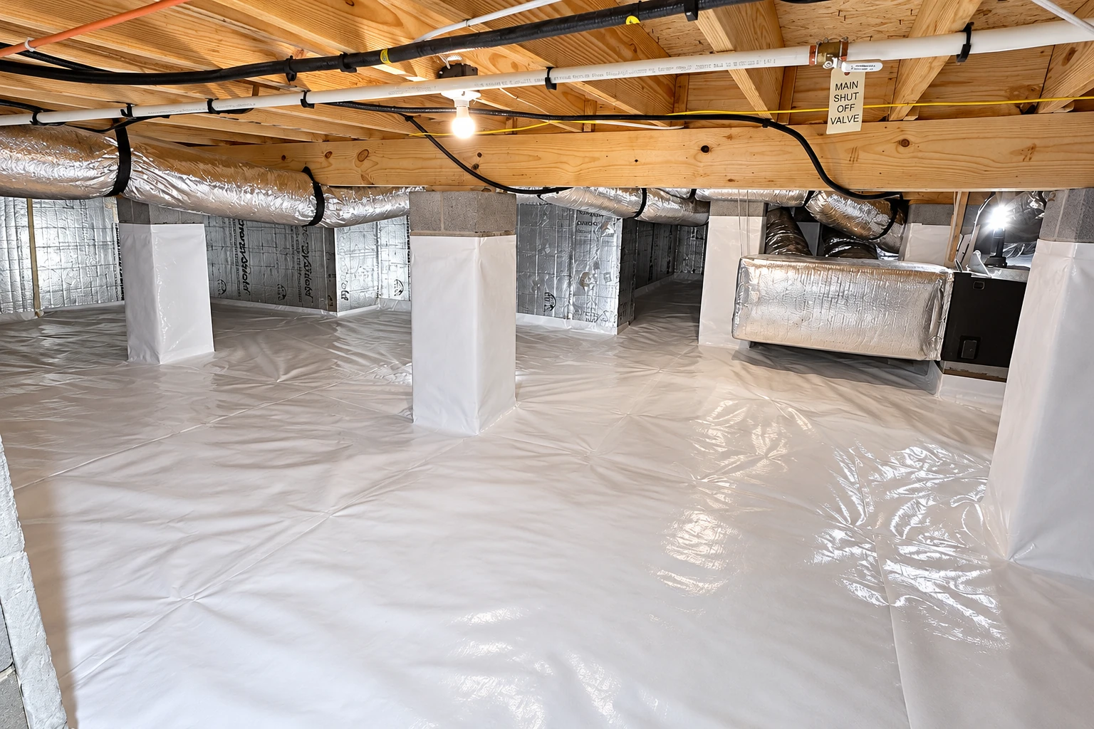 A crawl space has a white vapor barrier covering the floor and wrapped around support piers beneath ductwork.