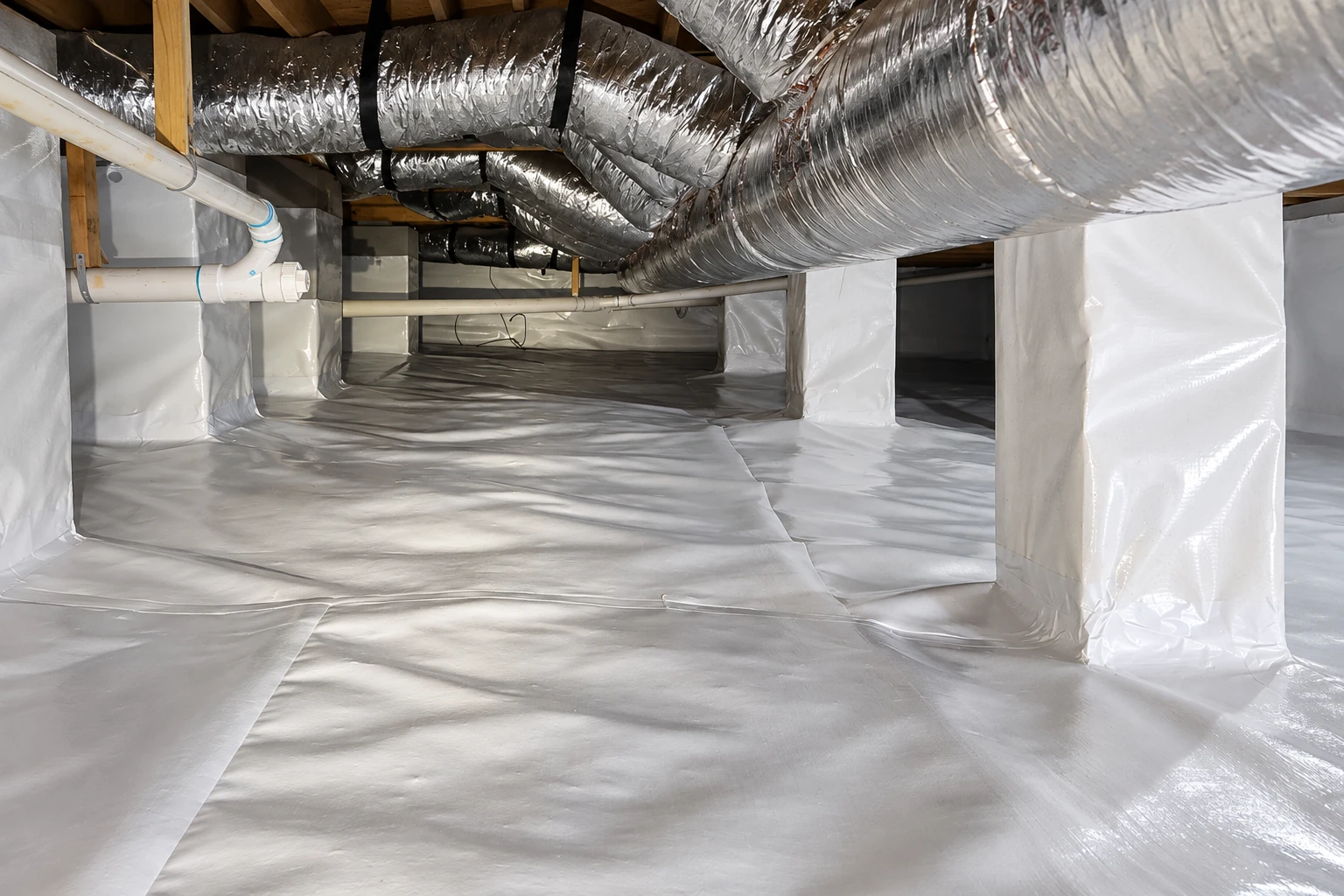 A crawl space has a white vapor barrier covering the floor and support piers, with silver flexible ducts overhead.