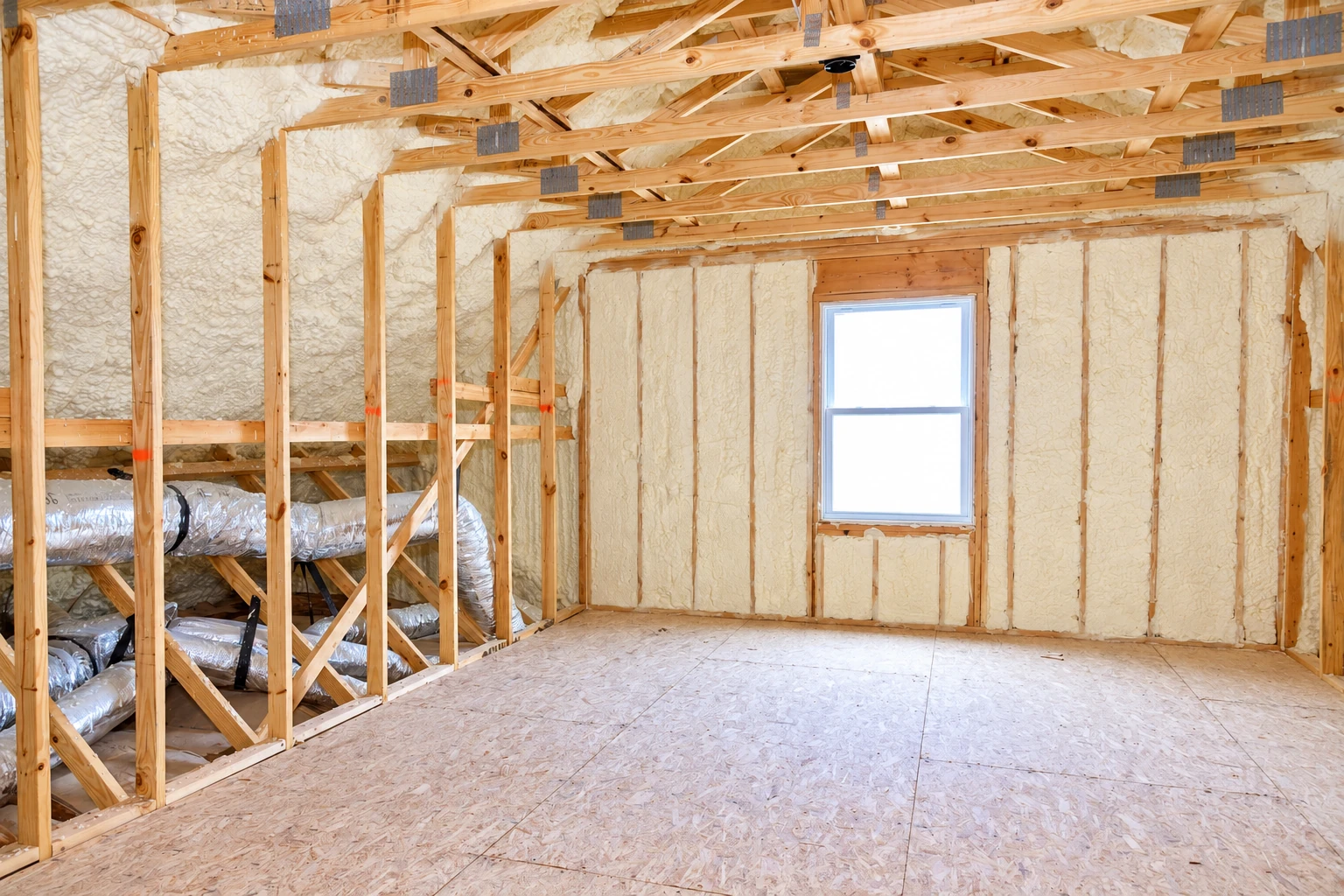 An unfinished attic has pale spray foam filling the walls and roof framing, with exposed wooden trusses and a plywood floor.