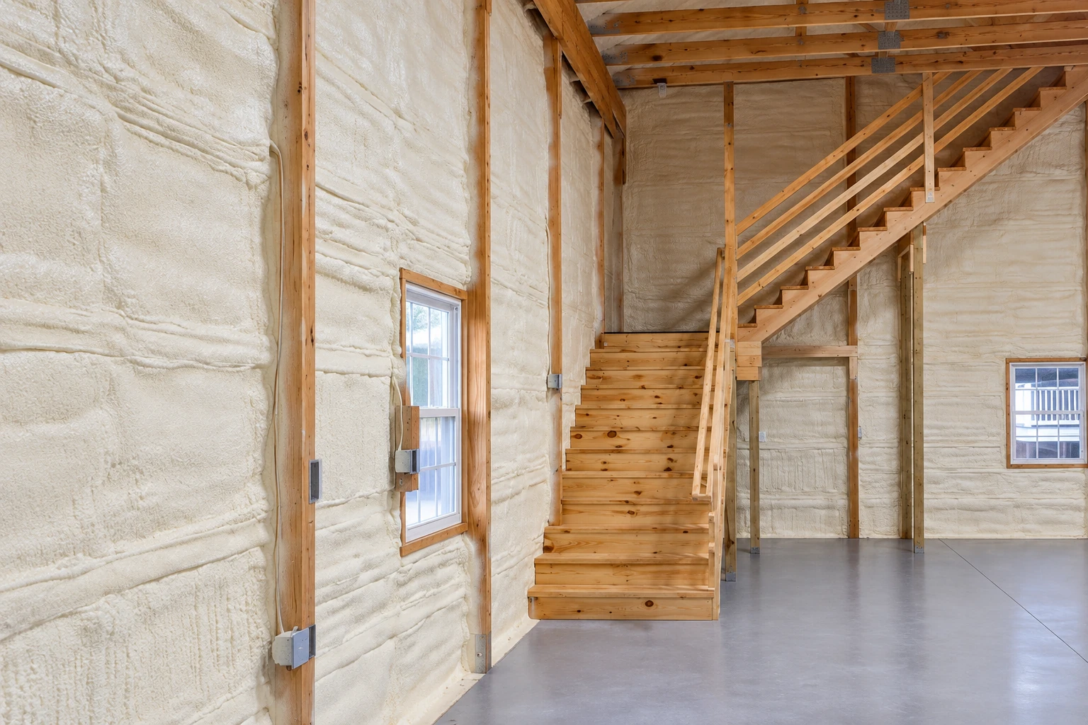 Spray foam insulation coats the walls of a tall unfinished room with exposed wooden framing, windows and a central staircase.