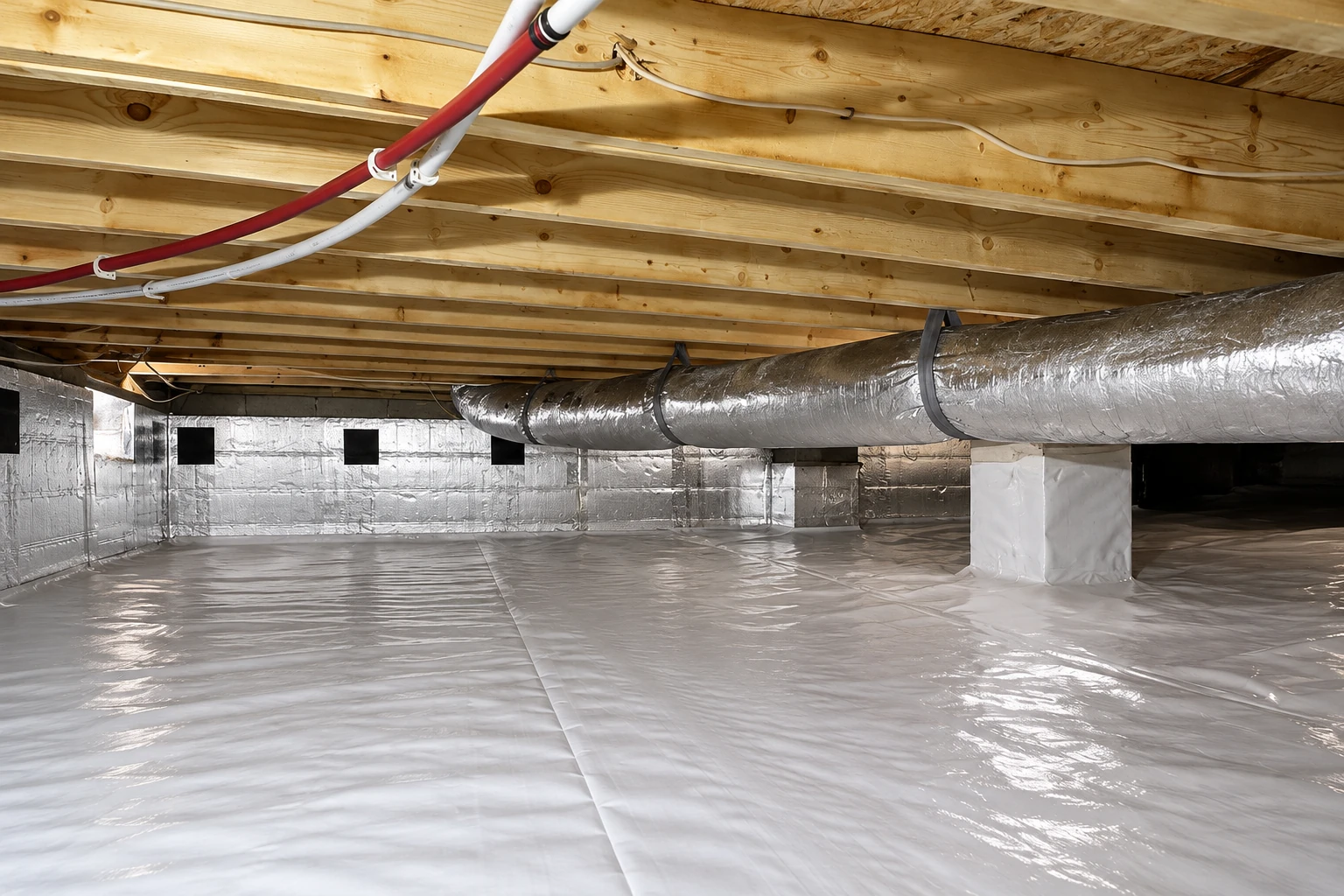 A white vapor barrier covers the floor and walls of a crawl space beneath exposed floor joists and a large duct.