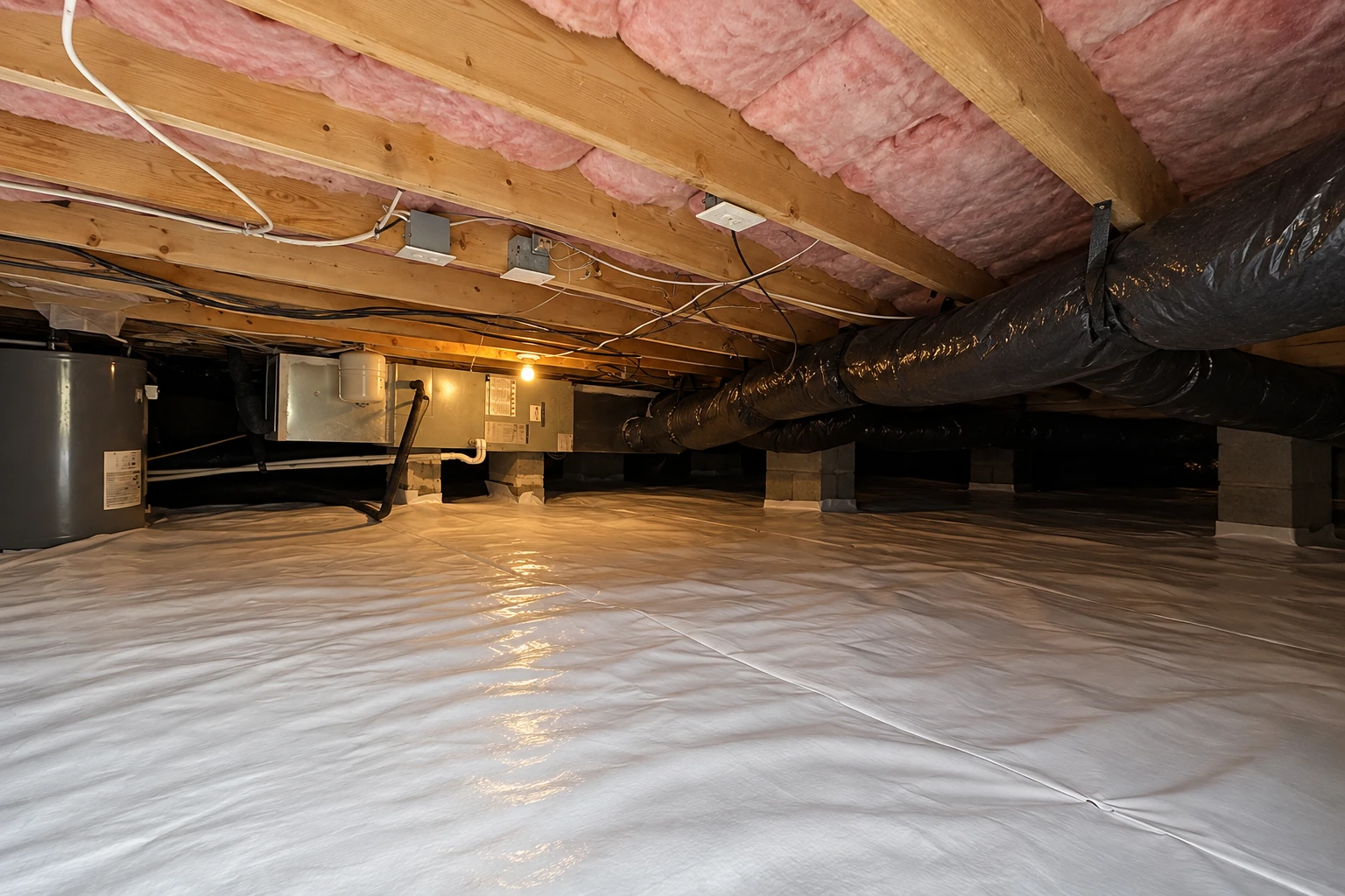 Crawl space with a sheet vapor barrier covering the ground beneath pink insulation and ductwork.