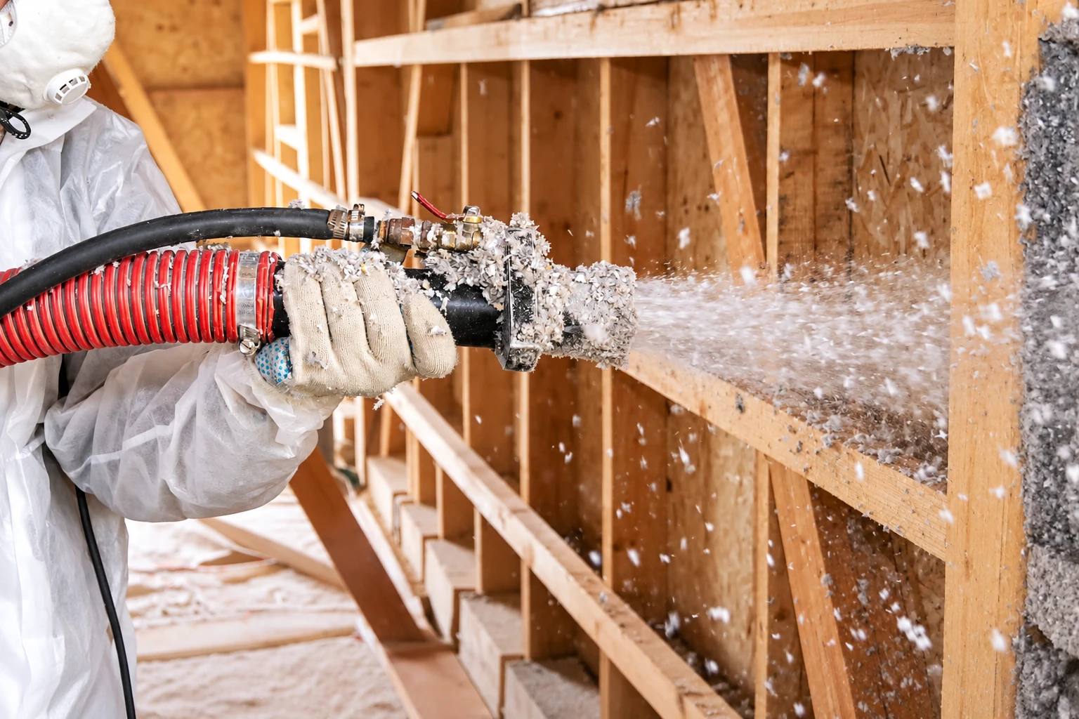 Worker in protective clothing sprays loose-fill insulation into an open wooden wall cavity.